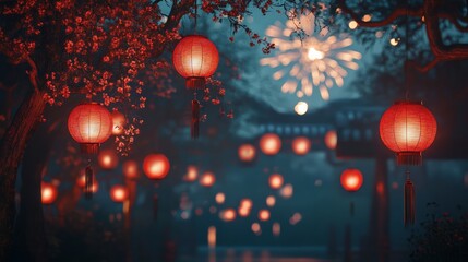 Obraz premium Festive lanterns illuminating the night cultural festival outdoor scene serene atmosphere celebratory viewpoint