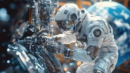 Fototapeta premium Astronaut Performing Spacecraft Maintenance Futuristic Vision of Space Exploration