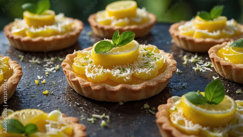 Sticker Delicious lemon tarts adorned with slices and mint leaves, perfect for dessert.