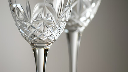Waterford crystal champagne glasses with a crystal-cut design against a plain background, shown in close-up.