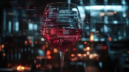 A glass of red wine with code lines and data visualizations on the inside, blurred background, city lights in dark tones, digital style, high resolution.