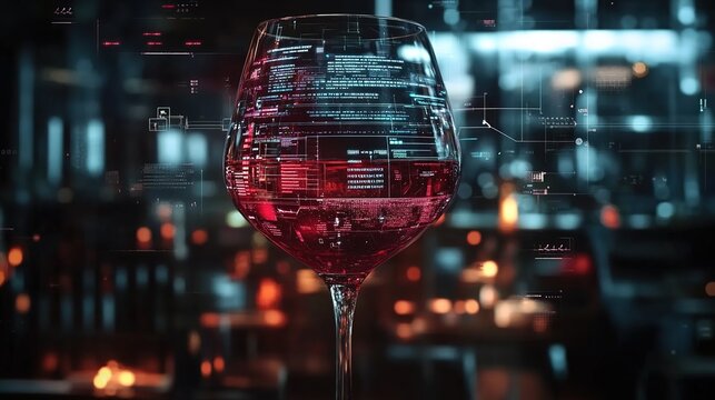 A glass of red wine with code lines and data visualizations on the inside, blurred background, city lights in dark tones, digital style, high resolution.