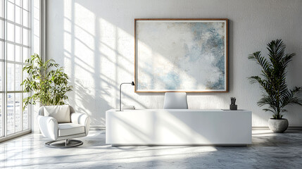 Modern Minimalist Office Interior Design: Sunlight, Plants, and Clean White Aesthetics