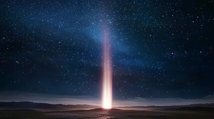 Ethereal Light Beam Ascending into Starry Night Sky Over Serene Landscape Creating Cosmic Atmosphere