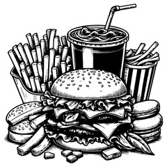 Fast Food Feast engraving vector illustration