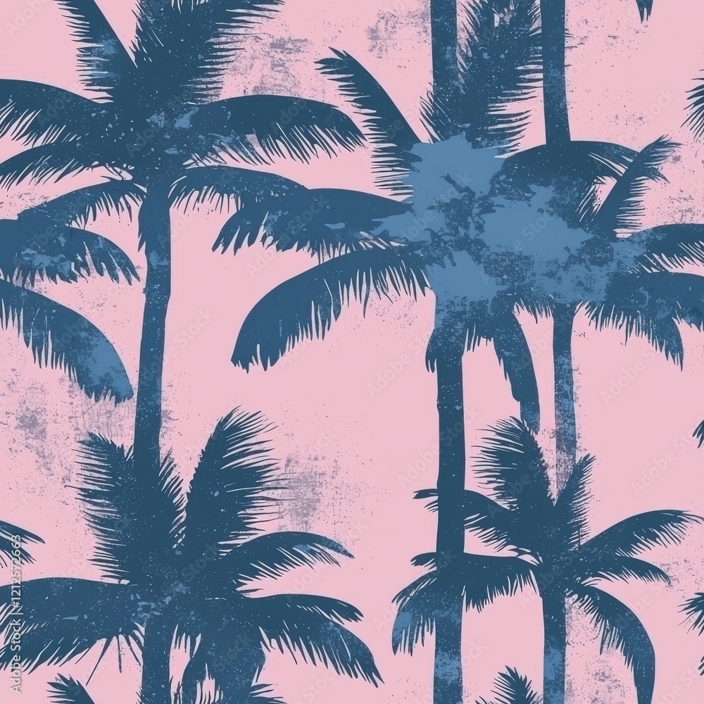 Poster grunge palm tree silhouettes create a transparent texture for an abstract tropical seamless pattern.