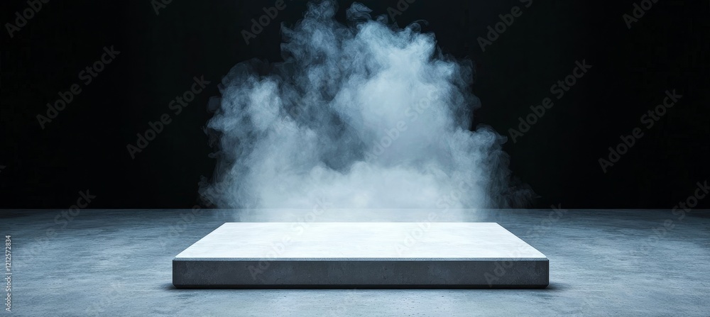 Poster the setting is a studio room with a dark blue abstract cement wall and floating smoke, providing an 