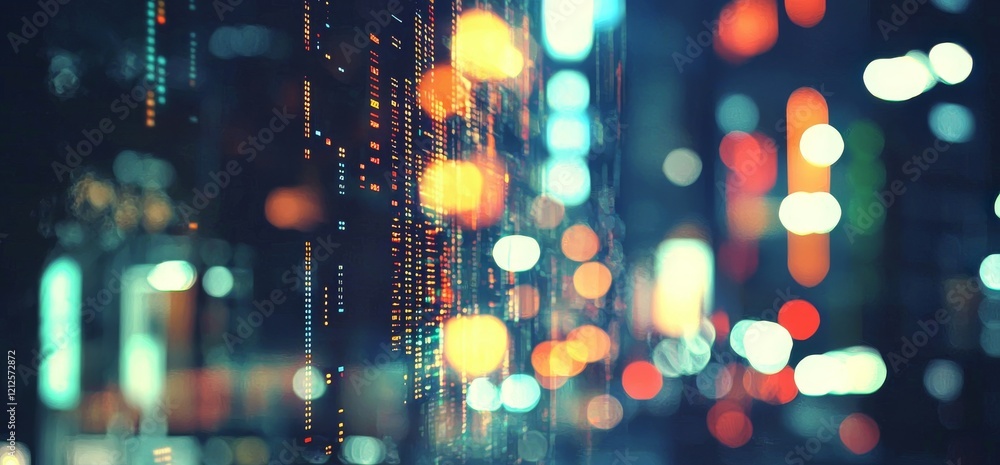 Poster a technology screen displaying a blurred cityscape with abstract lights in the background.