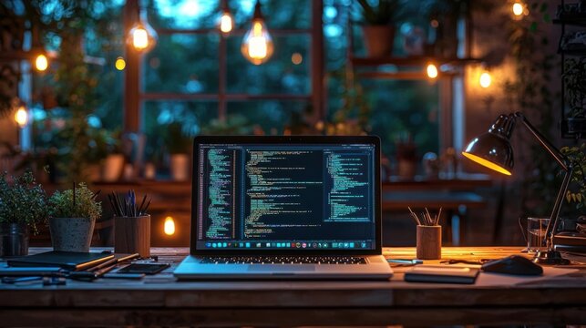 Highly Detailed Tech-Themed Workspace: Modern Laptop with Coding Software on Wooden Desk, Futuristic Lighting