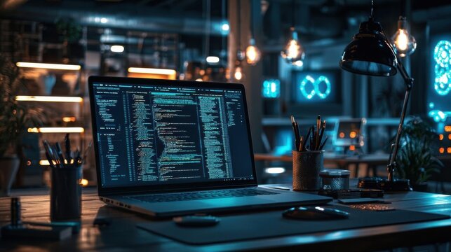 Highly Detailed Tech-Themed Workspace: Modern Laptop with Coding Software on Wooden Desk, Futuristic Lighting