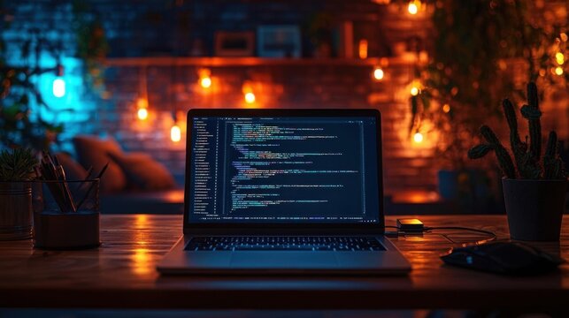 Highly Detailed Tech-Themed Workspace: Modern Laptop with Coding Software on Wooden Desk, Futuristic Lighting