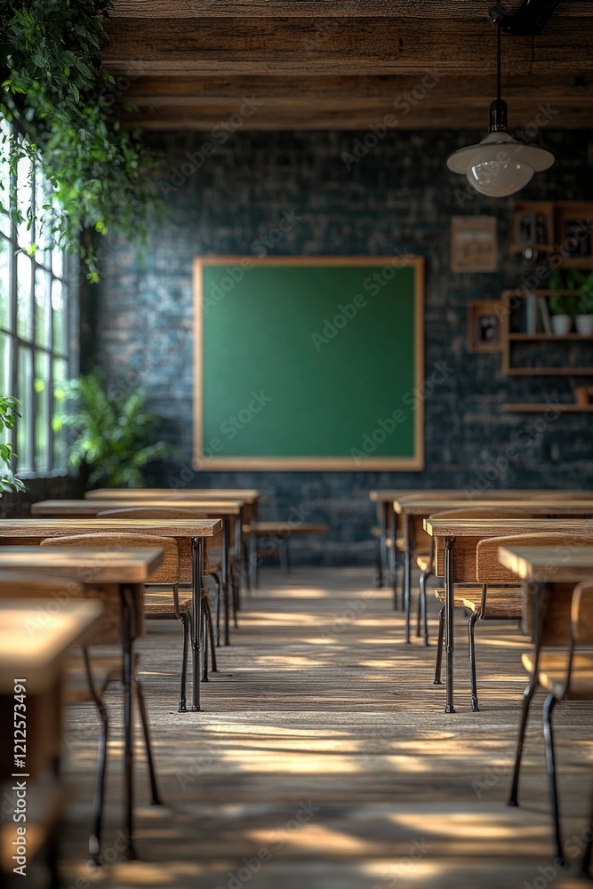 Poster a typical classroom setting with desks and a chalkboard