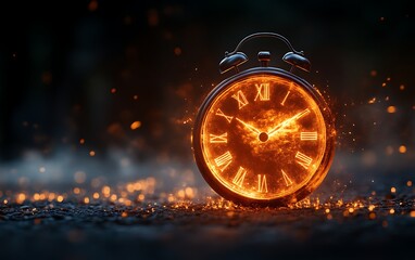 Fiery alarm clock on dark background.