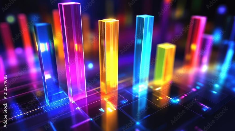 Aufkleber a colorful d bar chart with glowing bars in various heights, floating in a futuristic digital enviro