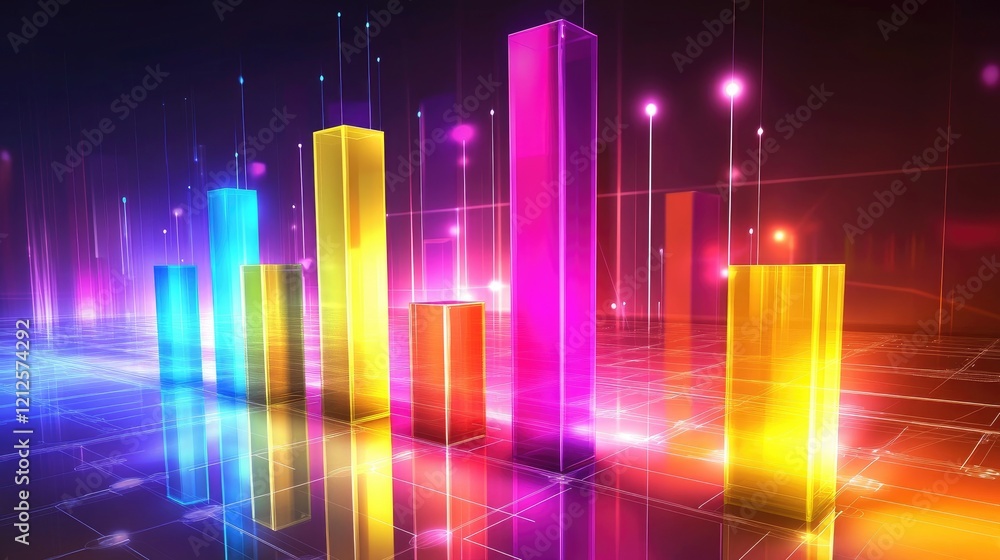 Poster a colorful d bar chart with glowing bars in various heights, floating in a futuristic digital enviro