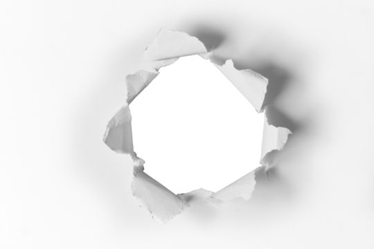 white torn paper hole isolated on white or transparent png