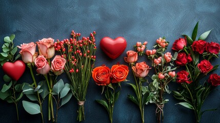 Fototapeta premium Valentine Hearts concept. Valentines Day Floral Arrangement with Hearts.