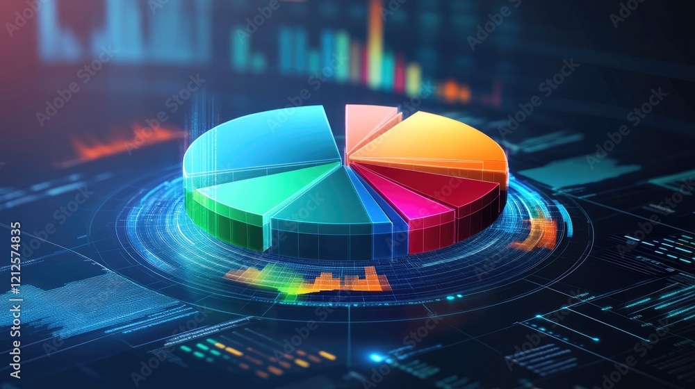 Poster a colorful d pie chart with each segment floating slightly above a digital platform, representing da
