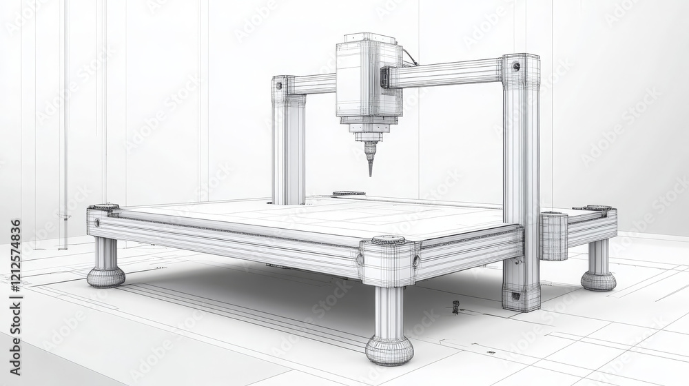 Poster minimalist line drawing of 3d printer showcasing its structure and design. image captures essence of
