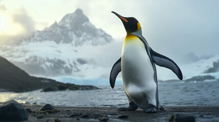 Fototapeta premium A penguin with stretching its hands walking in sea water.