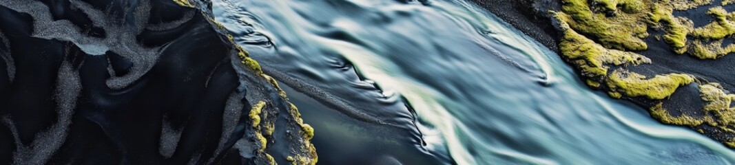 Aerial View of Turquoise River in Iceland with Mossy Banks and Volcanic Sand