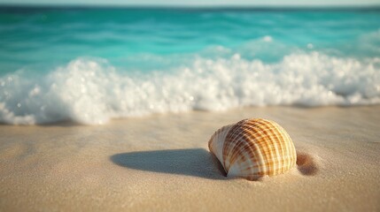 Obraz premium Seashell resting on sandy beach gentle waves turquoise sea tranquil coastal summer atmosphere