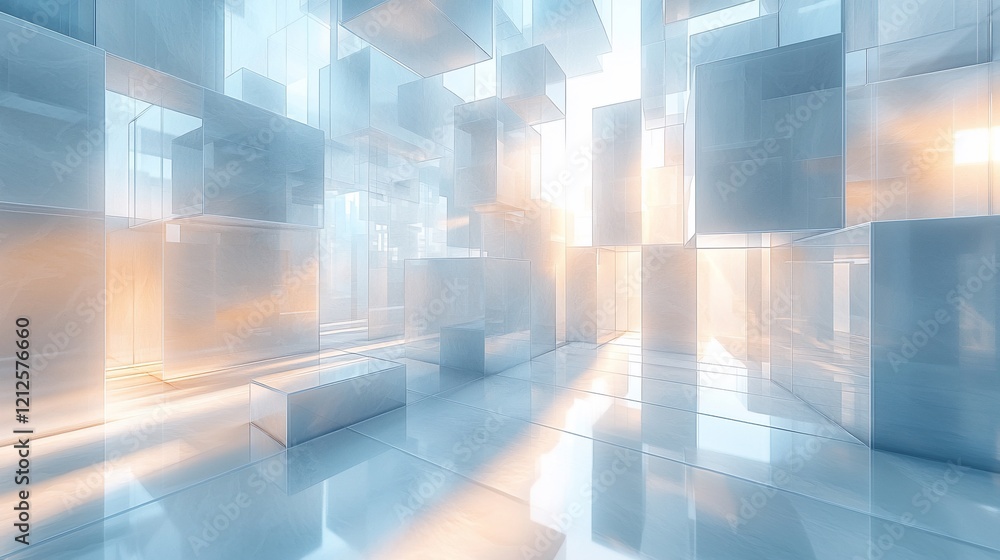 Poster Abstract futuristic architecture with glowing cubes and sunlight.