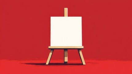 Blank Canvas on Wooden Easel Against Solid Red Background Represents Creativity and Potential in Art and Design Spaces Awaiting Imagination