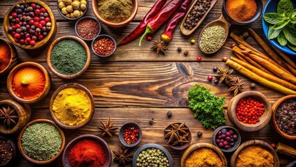 Wooden table with vibrant array of colorful spices arranged artfully on its surface, home decor, food