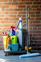 A collection of cleaning tools and materials piled high on a cart for easy transport and use