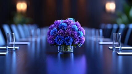 Purple and blue flowers on a conference table