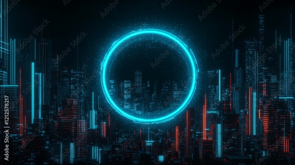 Poster a 3d rendering of an abstract technology product set against a background of blue dotted data and mi
