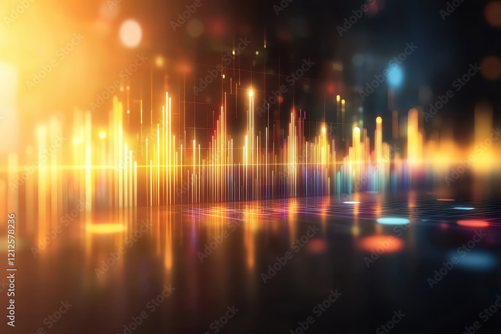 Poster vibrant visual representation of sound waves and colorful light patterns.