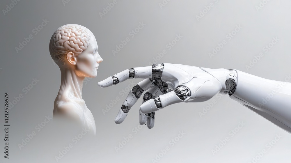 Poster robotic hand touching human brain model; ai and future; neutral background; for tech concept