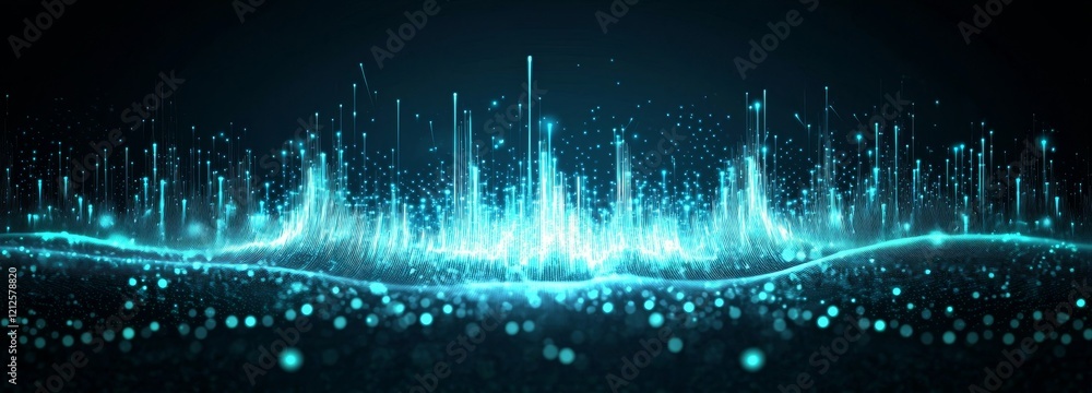 Poster On a blue abstract background with points scattered throughout, cyber particles float down. A large data stream is visible, created with 3D rendering