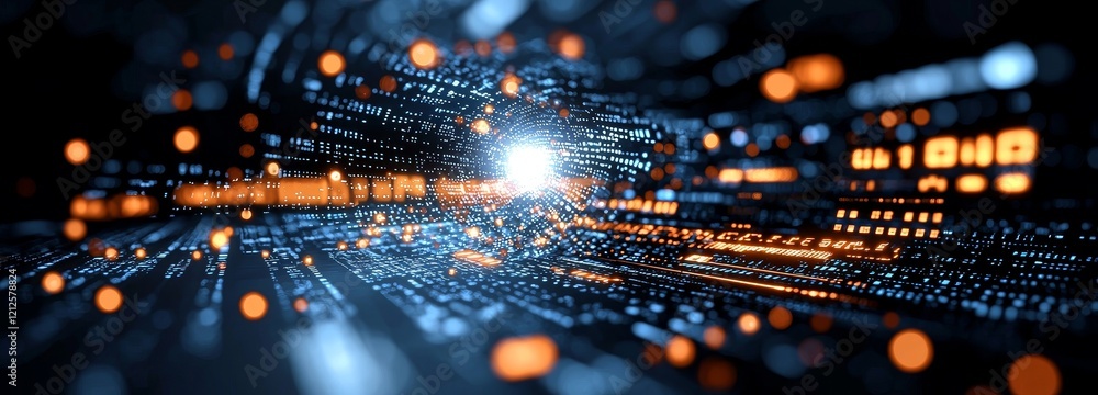 Poster an abstract blue background with points features falling cyber particles and a flowing big data stre