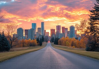 Fototapeta premium A modern city skyline at sunset, with the focus on an empty asphalt road leading towards it. 