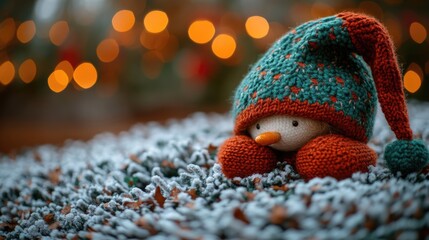 Obraz premium A small stuffed animal dressed in a warm and cozy knitted hat, perfect for a cold winter's day or as a gift