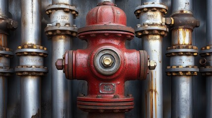 Fototapeta premium Red fire hydrant close-up, metal fittings with rust, surrounded by industrial pipes.