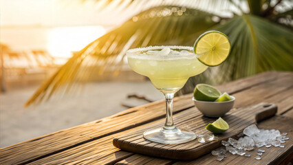 Refreshing margarita with a salted rim and lime garnish, perfect for tropical beach sunsets.