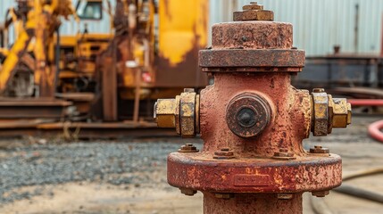 Fototapeta premium Fire hydrant with rugged nozzle close-up, worn surface, machinery in background.