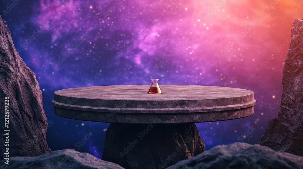 Aufkleber elixir of life concept, floating platform in cosmic void with mysterious liquid underneath a colorfu