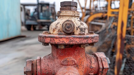 Fototapeta premium Fire hydrant with rugged nozzle close-up, worn surface, machinery in background.