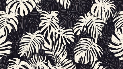 Abstract black and white pattern featuring bold tropical leaves and delicate vines