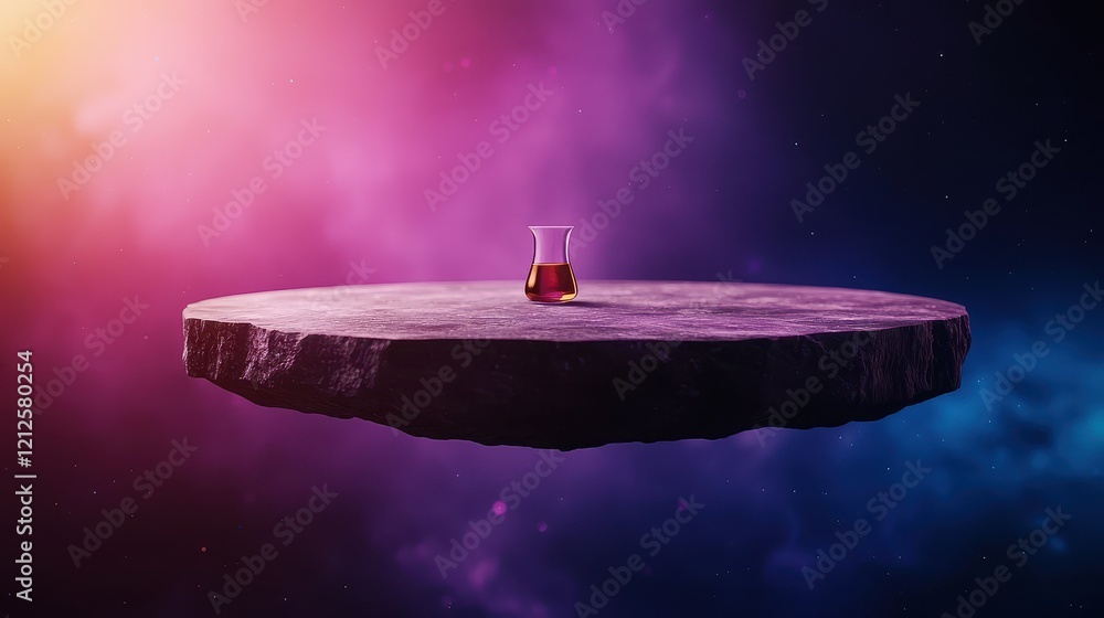 Poster elixir of life concept, enchanted floating platform in cosmic void with mystical liquid in a glass c