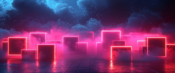Glowing neon pink cubes in smoky, dark landscape.