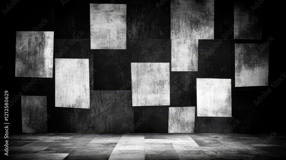 Poster creating modular concrete walls with asymmetrical patterns in high-quality urban interior design.