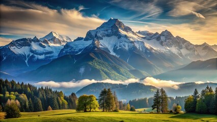 Obraz premium Hazy Alpine Landscape with Snow-Capped Mountain, alpine, majestic mountain range, alpine, majestic mountain range