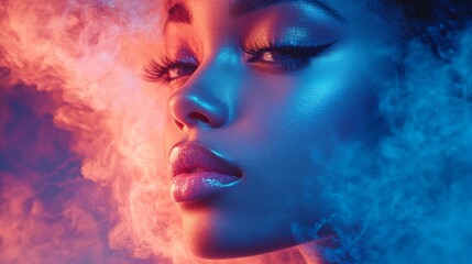 Portrait of a woman with a vibrant blue and pink smoke effect