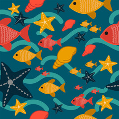 Seamless Underwater Pattern with Fish and Starfish